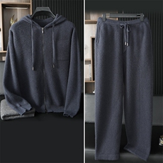 秋冬季新款简约百搭元宝针连帽衫羊绒，男装休闲套装，台绒羊绒