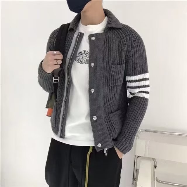 欧美高端针织夹克男女情侣秋季条纹休闲拼接帅气翻领毛衣外套男,男装针织衫/毛衣,星座506A