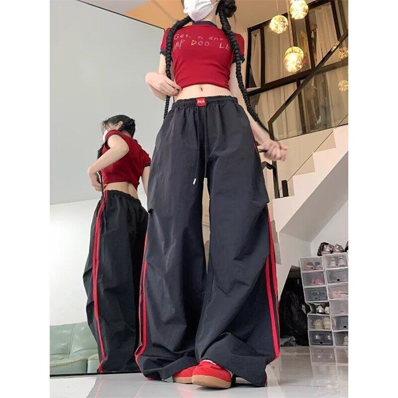 凉感速干运动伞兵裤子女2025夏季薄款美式复古撞色条纹休闲阔腿裤,男装休闲裤,星座813-2