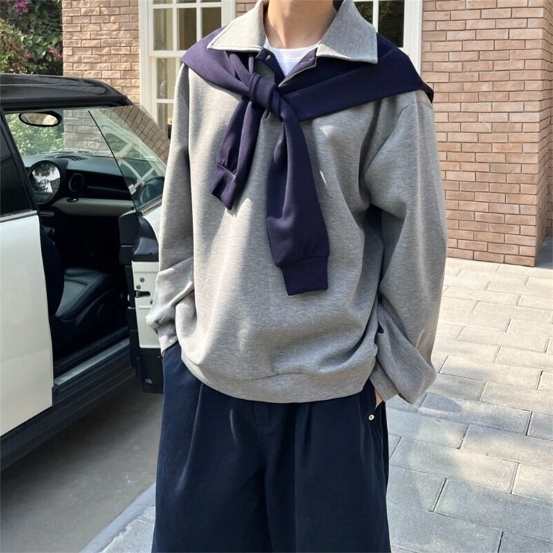 网图假两件卫衣韩版老钱风披肩撞色翻领卫衣外套WY112-P75,男装卫衣,星座1001-1