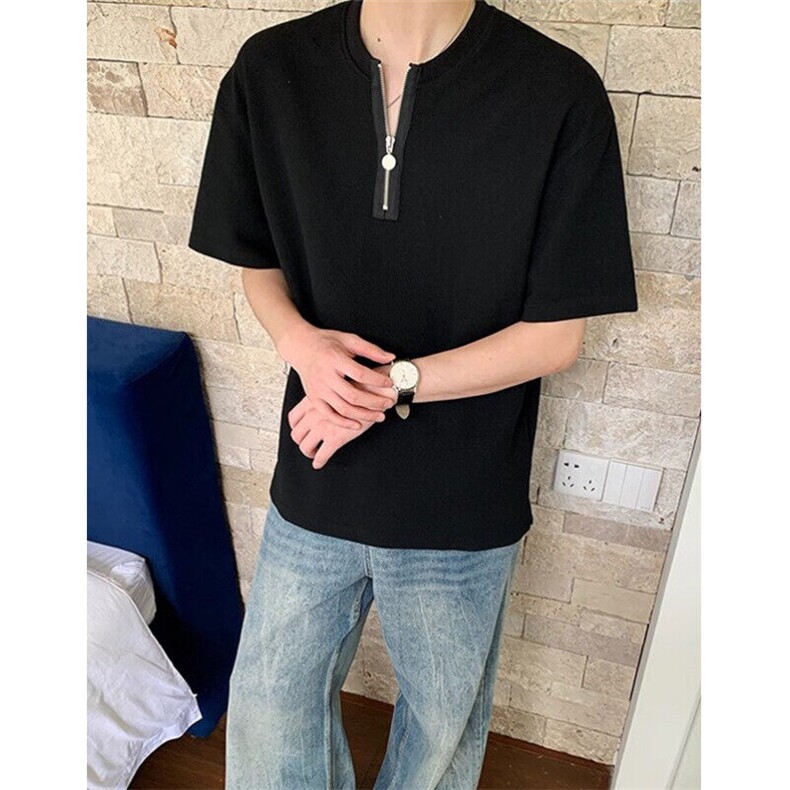 老钱风华夫格半拉链短袖T恤潮男亨利领克罗心百搭宽松短T T331图片