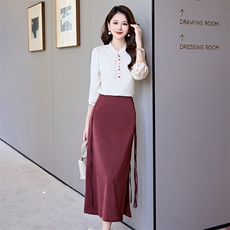 连衣裙包臀裙复古闺舍衬衫女宽松显瘦拼接长袖上衣小个子两件套，女装套装/套裙，时尚俏佳人