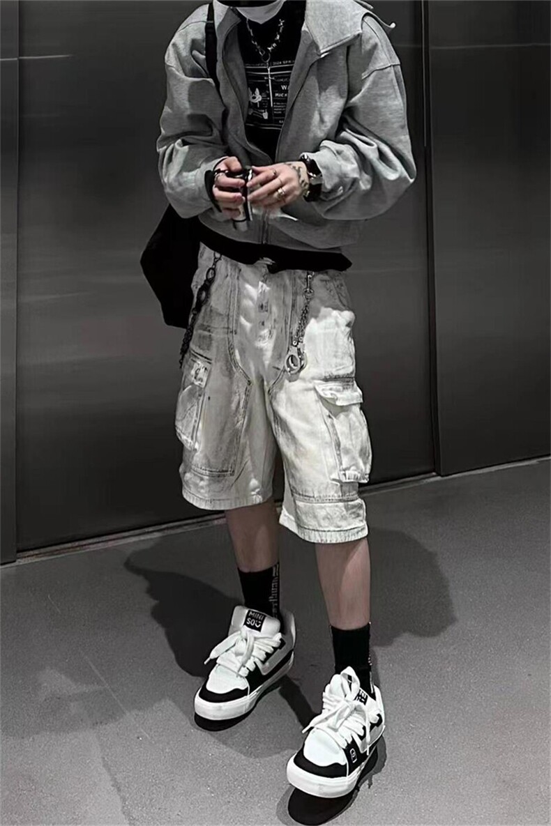 街头白色做旧工装水洗牛仔短裤男女夏款小众多口袋宽松直筒七分裤,男装牛仔裤,星座505-2（原电商A260-1)