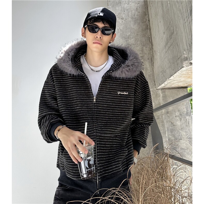 美式条纹克拆卸大毛领连帽卫衣男女情侣秋季慵懒风外套jk901-p78，女装短外套，电商C307