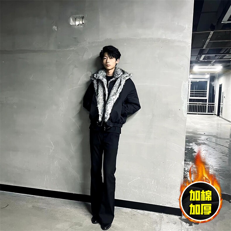 现货高品质美式高街重磅狼王座山雕毛毛领假两件棉衣加厚棉服外套，男装棉衣，电商A486