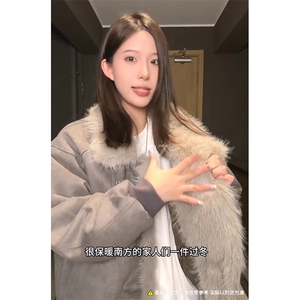 现货重磅硬挺boxy羽绒棉衣座山雕大毛毛领洗水麂皮棉服冬外套图片