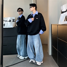 韩版假两件衬衫春秋拼接卫衣长袖男翻领宽松套头POLO上衣W100-P58，男装Polo衫，电商C307