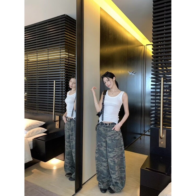 美式复古迷彩阔腿牛仔裤女夏季新款街头辣妹宽松廓形拖地弯刀长裤图片