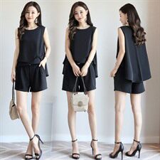 无袖纯色气质修身显瘦圆领韩版2022年夏季套装/套裙短裤，女装套装/套裙，时尚俏佳人