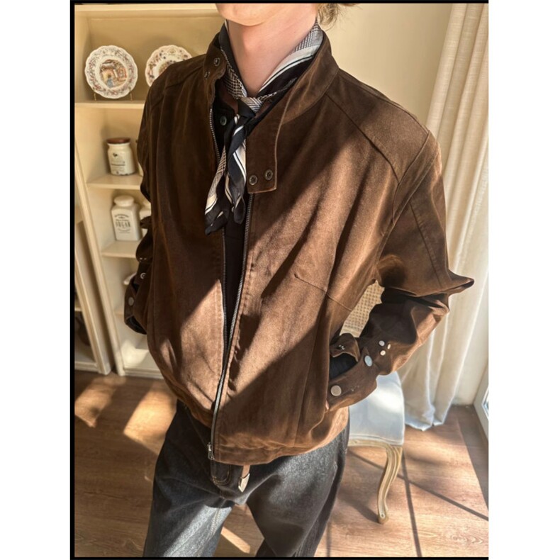 JK718-尺码M-3XL-P65-X135-复古绒皮工艺立领哈灵顿夹克外套图片