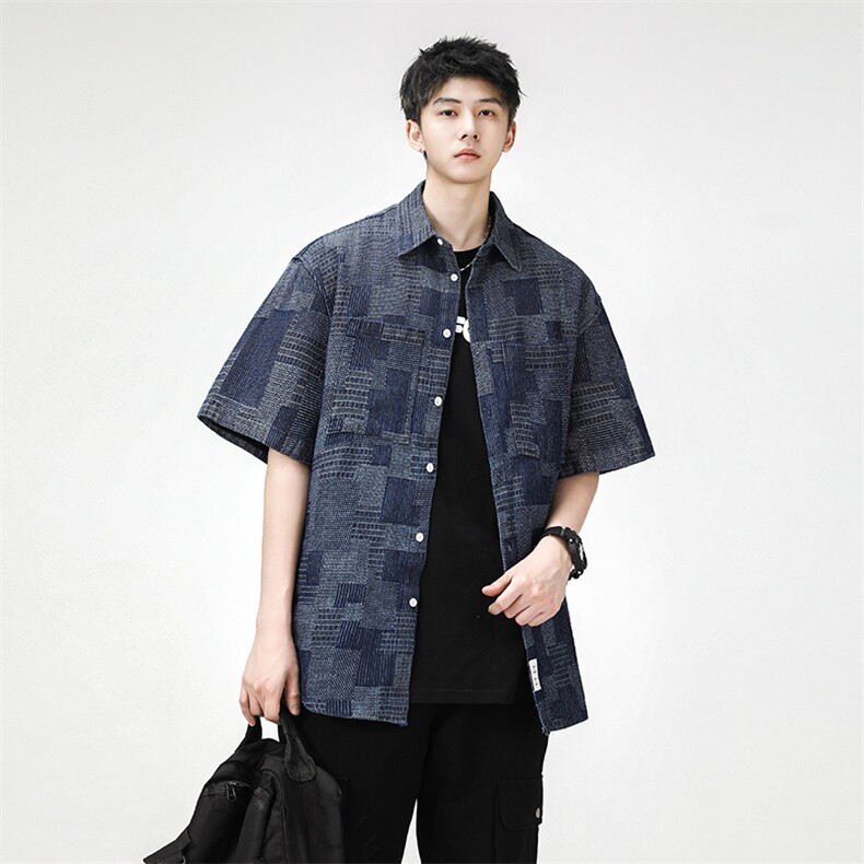 抖音品质夏季格子大码宽松牛仔衬衫复古短袖衬衣外套CS011-P50,男装衬衫,电商A042