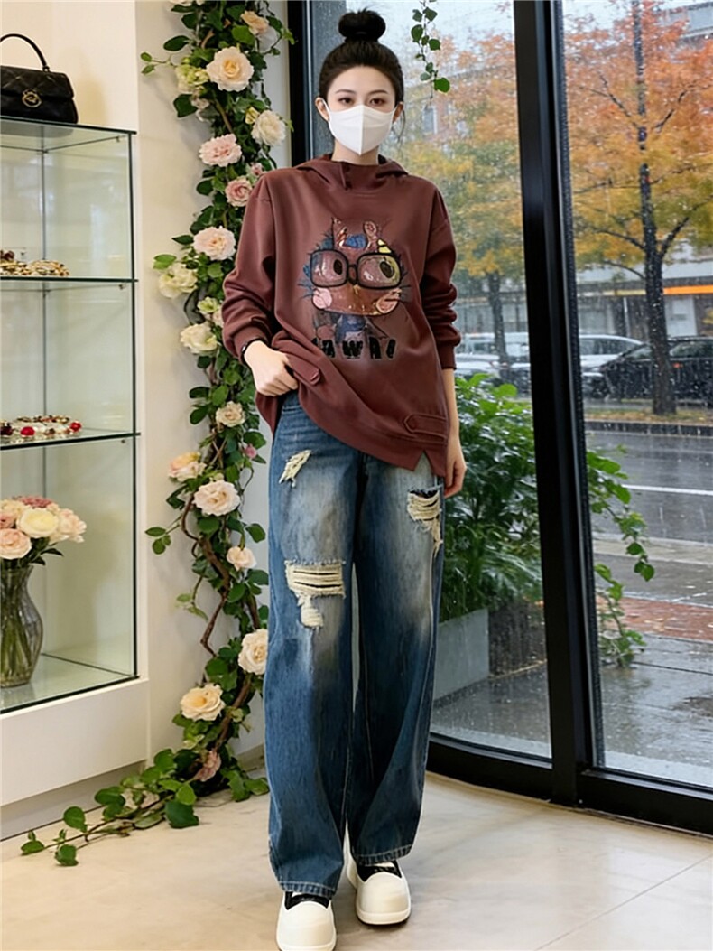 慵懒风时尚休闲运动套装女春新款连帽刺绣卡通上衣牛仔长裤两件套,女装套装/套裙,江南