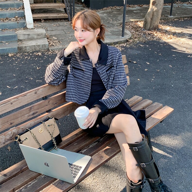 双面呢羊毛格纹上衣百褶裙套装女秋冬小个子大方得体巨好看两件套,女装羊绒大衣,2C316