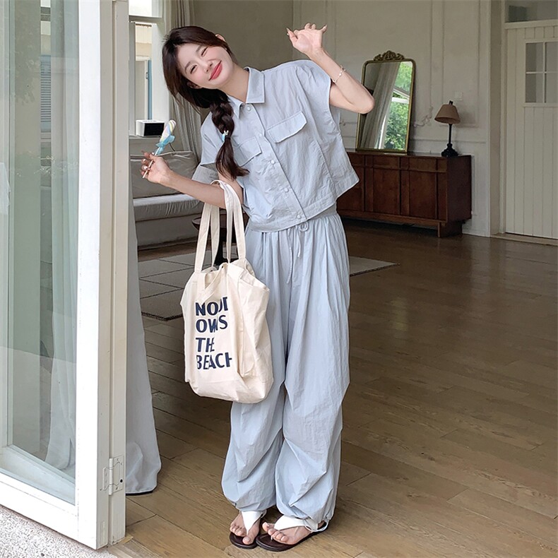 可盐可甜休闲套装女2025夏季新款韩系无袖衬衫阔腿裤小个子两件套,女装套装/套裙,2C088