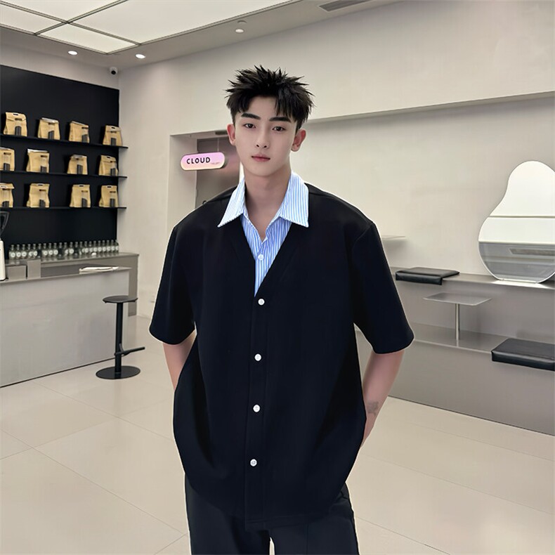 2025夏季韩系假两件男士撞色条纹Polo衫小众高级感短袖T恤D01/P75,男装Polo衫,星座305B