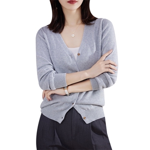 2025新款宽松大码V领外搭长袖毛衣针织开衫女春季纯色上衣女薄款图片
