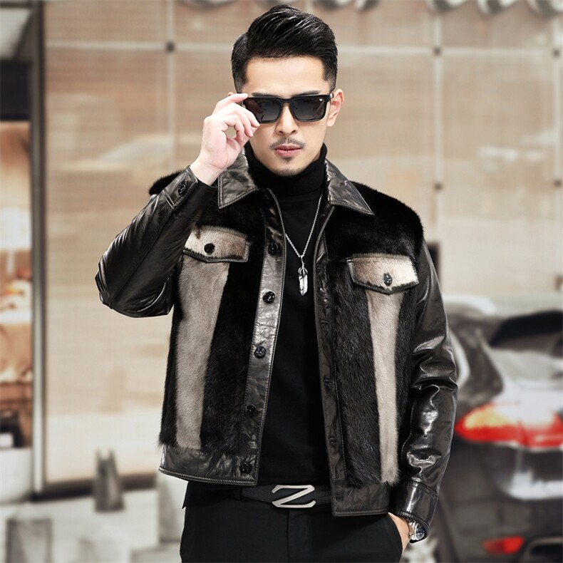 XC2129冬季2021海宁男式山羊油蜡皮拼整貂皮草男修身夹克P1700，男装皮衣，电商B360