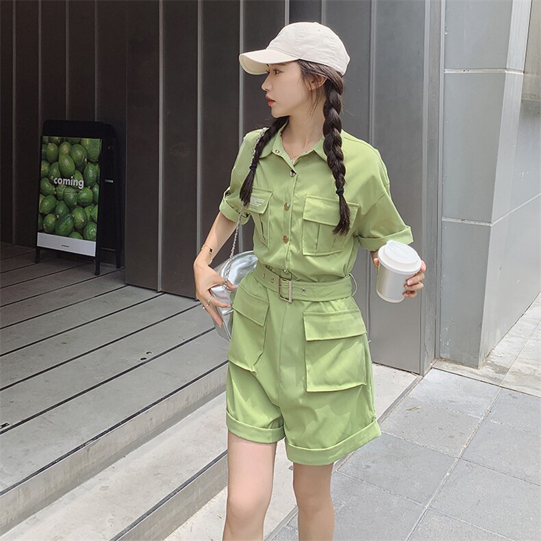 果绿色收腰显瘦连体短裤女2023夏季新款韩版小个子炸街工装连衣裤,女装连体裤,2C037