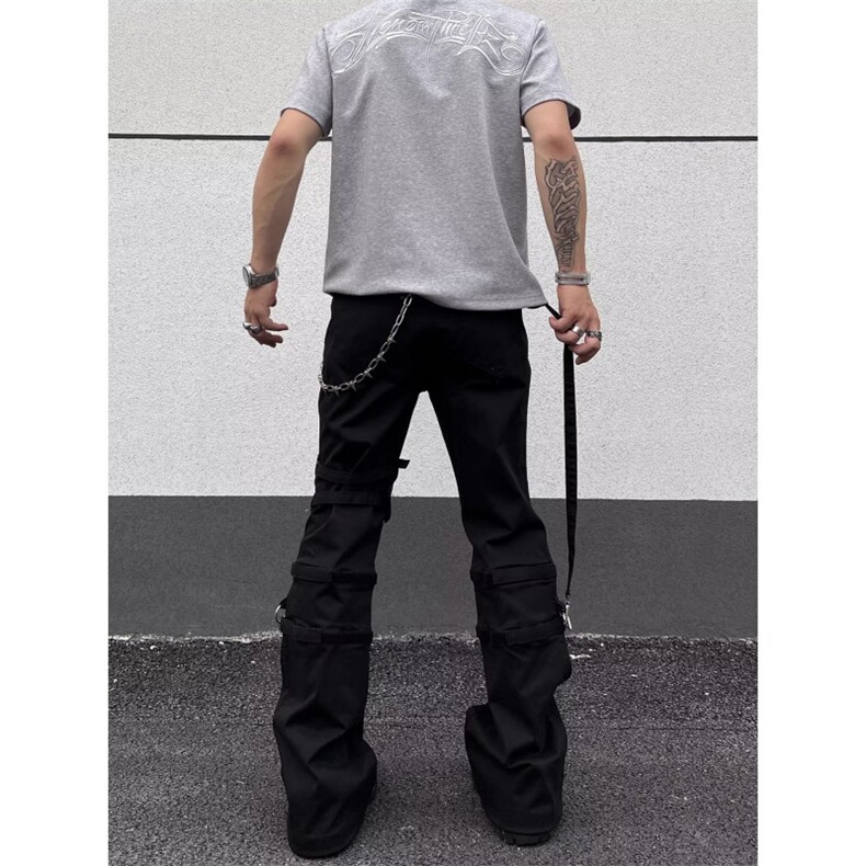 秋冬美式裤腿绑带重工高街多口袋工装水洗黑牛仔裤K7158-P55网图,男装牛仔裤,电商B245