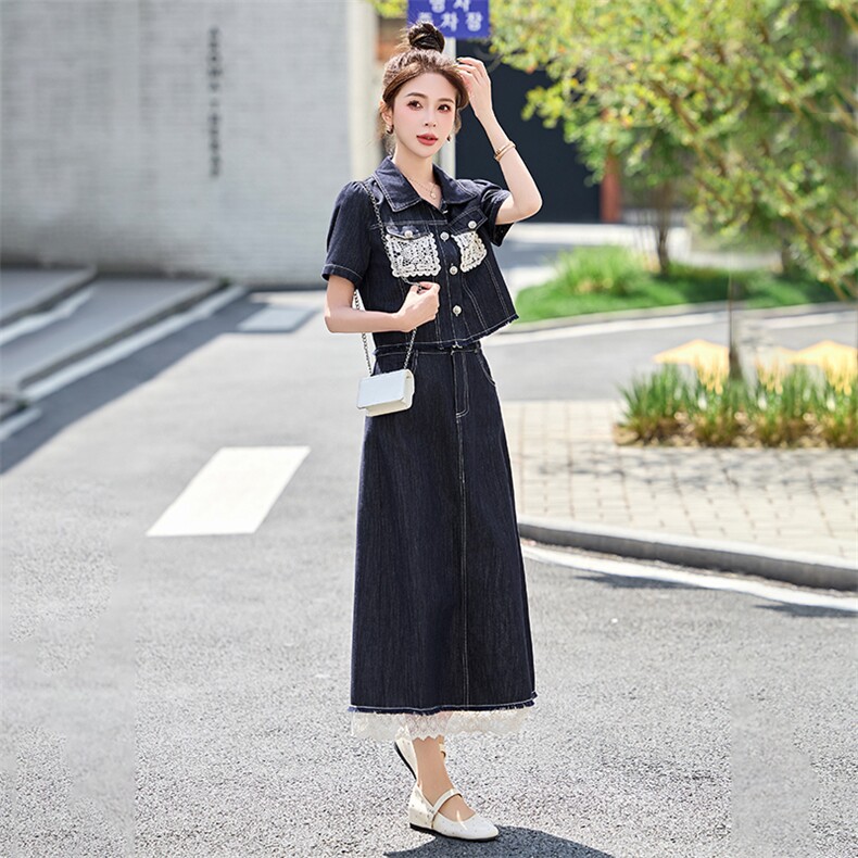2025夏季新款时尚气质蕾丝拼接牛仔复古洋气套装裙,女装套装/套裙,妙形