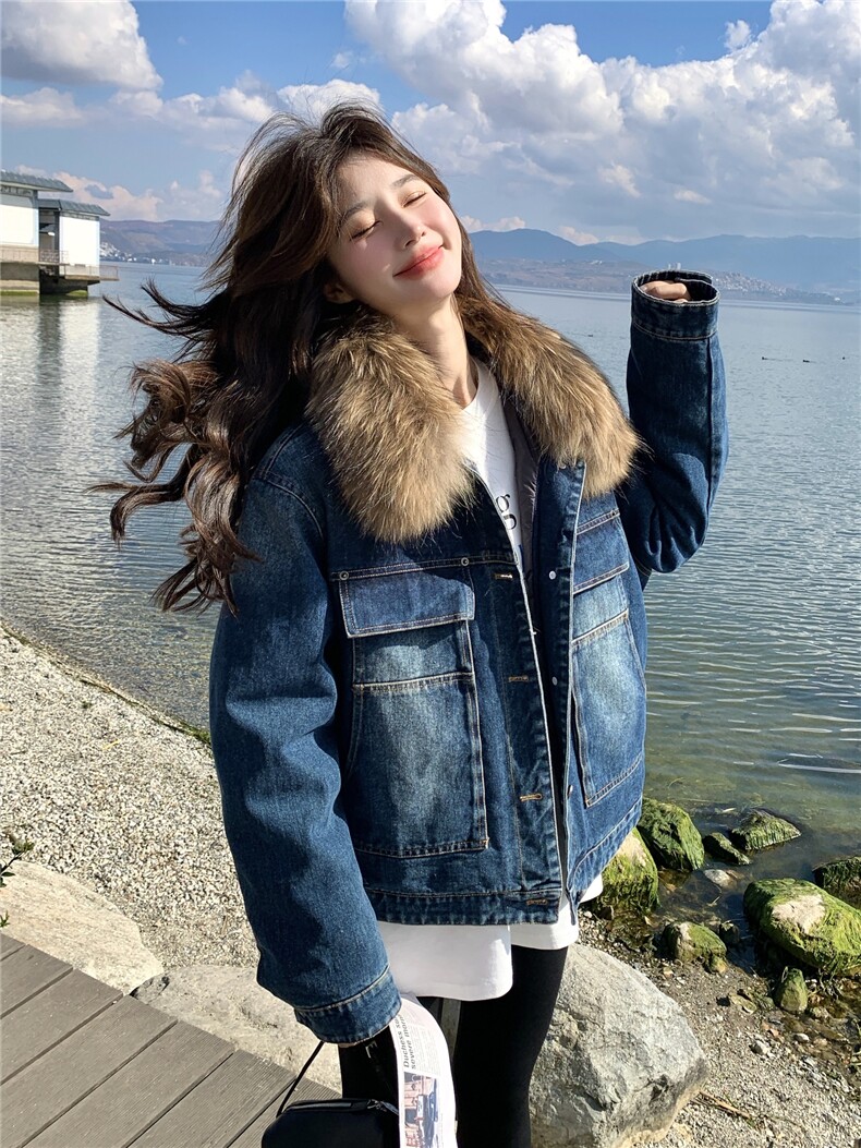 美式复古毛领羽绒内胆牛仔外套女中长小个子派克新款2025年冬季,女装羽绒服,艾米莉亚