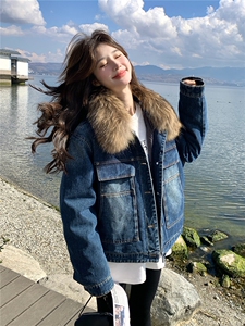 美式复古毛领羽绒内胆牛仔外套女中长小个子派克新款2025年冬季图片