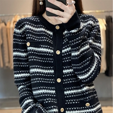条纹开衫新款秋冬季针织衫羊毛衫女2024年秋季，女装羊毛衫，琳尚羊绒
