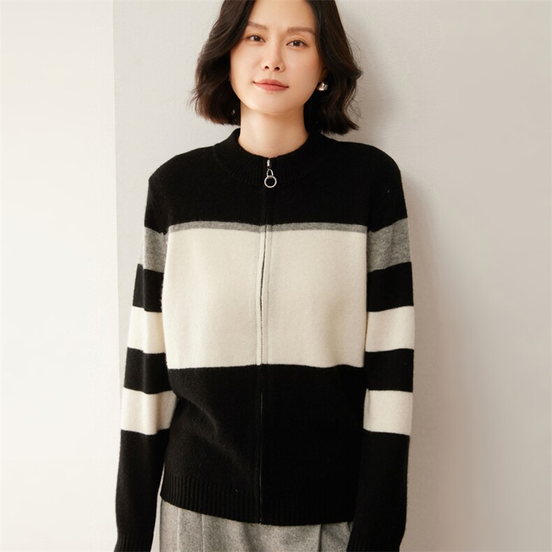 时尚拼色羊绒开衫女士秋冬新款简约百搭显瘦长袖外套,女装羊绒衫,昭美羊绒