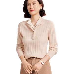 时尚双层领系扣坑条女士秋冬羊绒衫30%羊绒图片