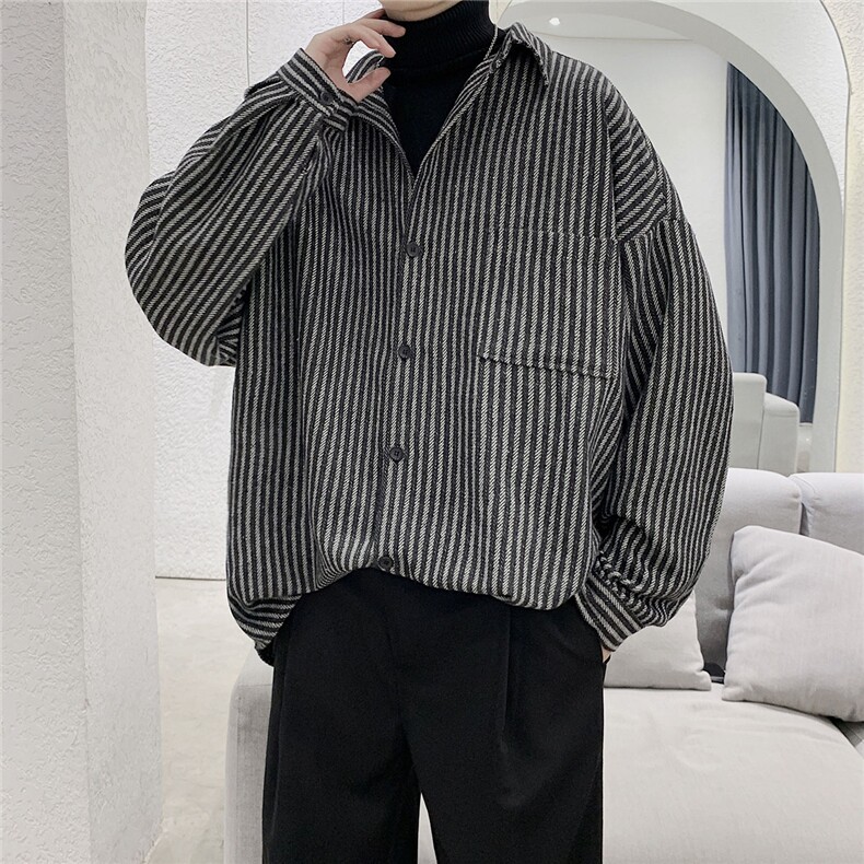港风复古条纹衬衫加厚男慵懒宽松加大码胖子毛呢衬衣外套DX126P60,男装衬衫,电商B413-1