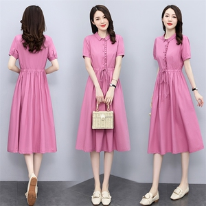 高档纯棉短袖连衣裙女夏季新款收腰显瘦薄款洋气减龄衬衫裙子，女装连衣裙，倪叶myz