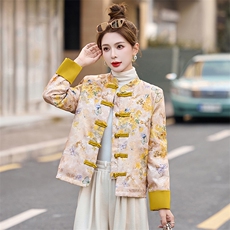 新中式盘扣羽绒服女2025冬季新款黄色提花唐装白鸭绒短款外套，女装羽绒服，衣之秀