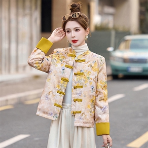 新中式盘扣羽绒服女2025冬季新款黄色提花唐装白鸭绒短款外套图片