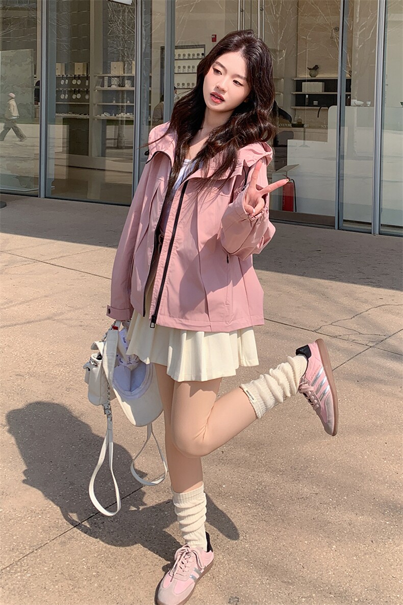 粉色连帽冲锋衣女2025春秋季新款小个子甜美减龄休闲夹克短外套,女装短外套,辉之琳