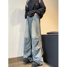 K1046松弛感阔腿牛仔裤男拼接设计感裤子美式水洗拖地休闲长裤，男装牛仔裤，星座308A-1（原309B-1）
