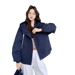 高级小众韩系慵懒chic蓝色连帽工装外套女春秋超火好看短夹克上衣图片