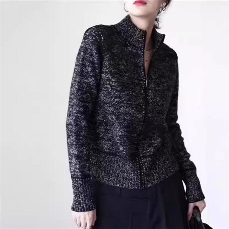 时尚潮流2024年秋冬季新款通勤百搭花纱立领拉链羊毛开衫,女装羊毛衫,丽特绒