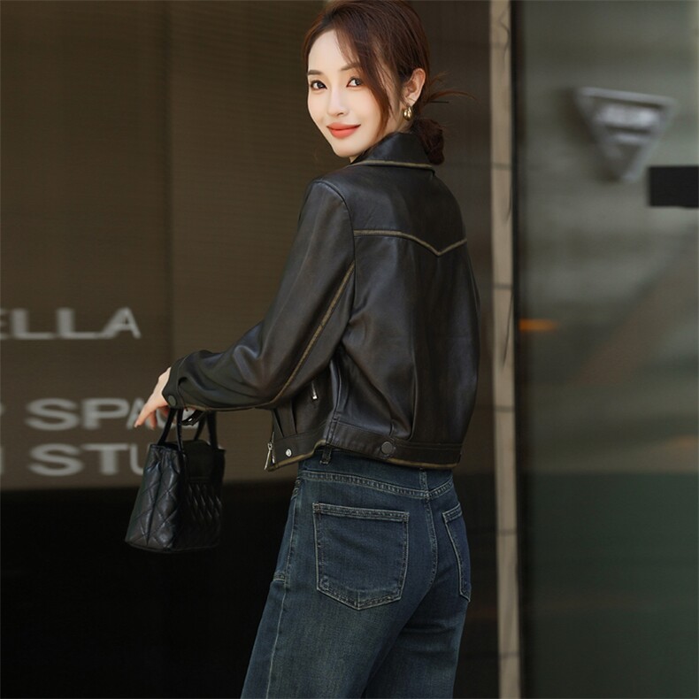 港风美式复古pu皮衣外套女2024秋新款休闲宽松收腰短款机车皮夹克,女装皮衣,欧兰熙