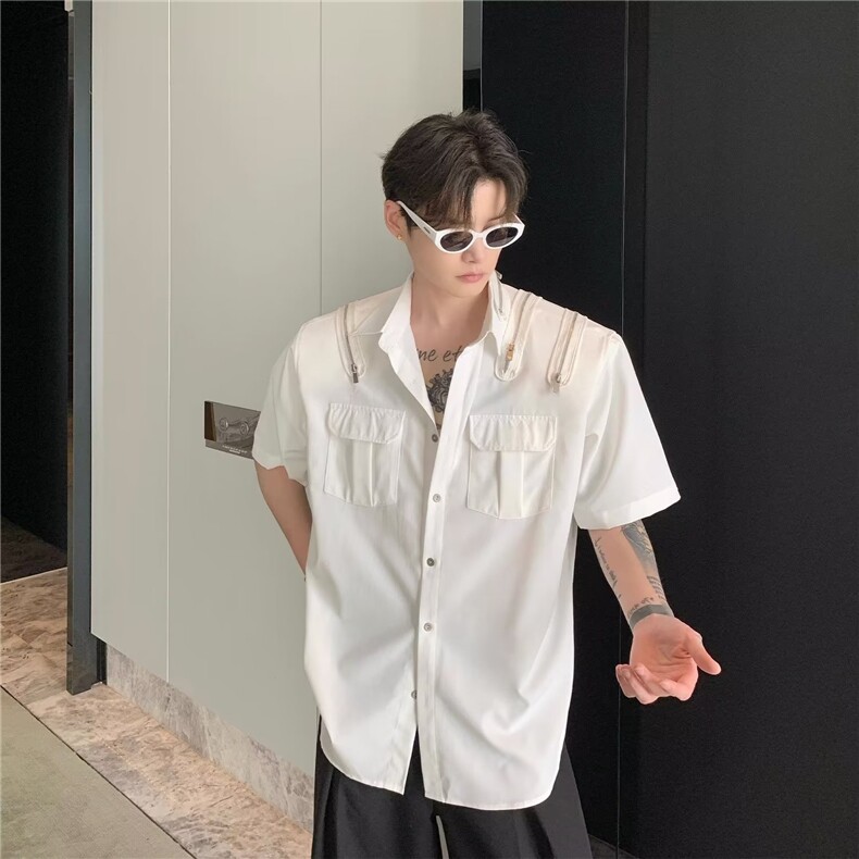 夏季拉链设计感休闲长袖衬衫男简约解构高级感工装白色衬衣潮CS16,男装衬衫,星座516A