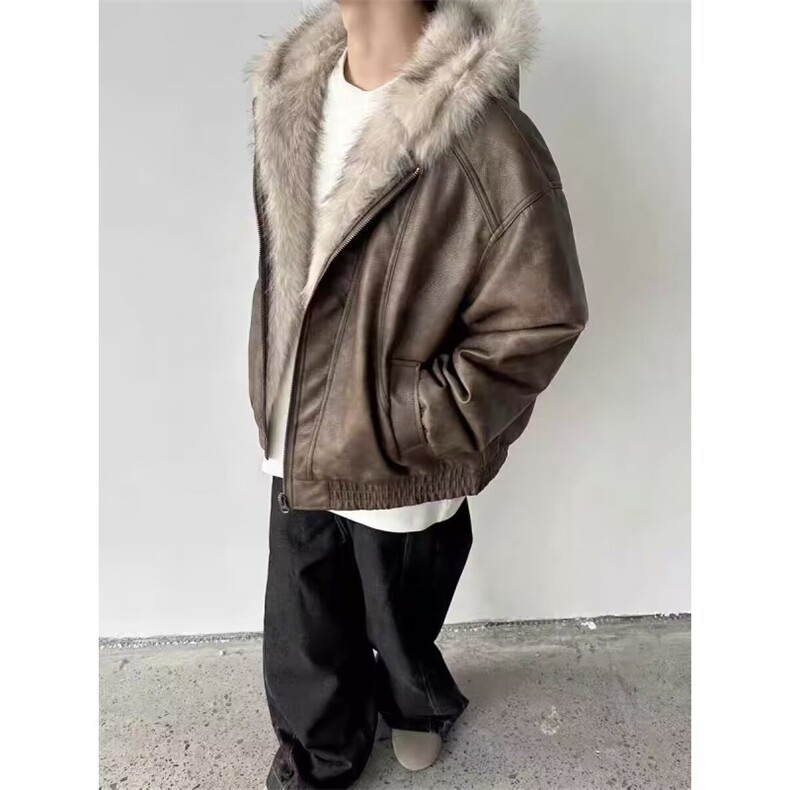 重磅皮衣棉服男冬季连帽廓形美式水洗做旧潮牌毛领座山雕保暖外套,男装皮衣,四季星座505