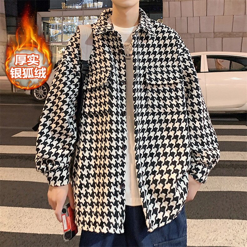 新款时尚衬衫夹克男潮千鸟格翻领毛呢外套J25861J加绒-P80控118,男装夹克,电商A001