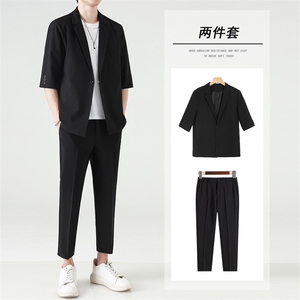 西装套装男春夏修身九分西裤男士休闲长裤子宽松五分袖西服两件套图片