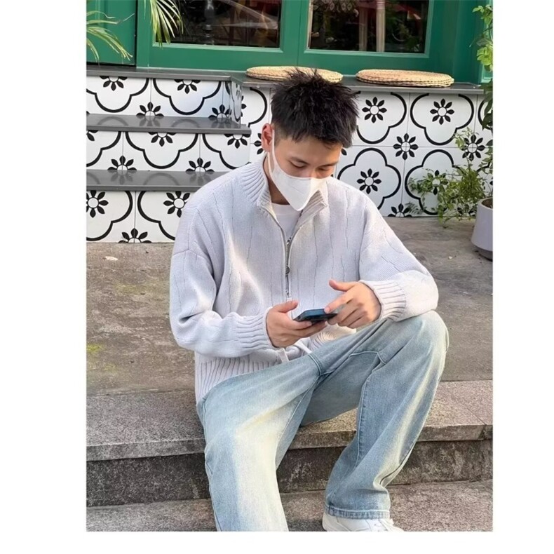 秋冬立领紫色开衫毛衣男女日系复古休闲宽松针织衫外套潮,男装针织衫/毛衣,星座506A