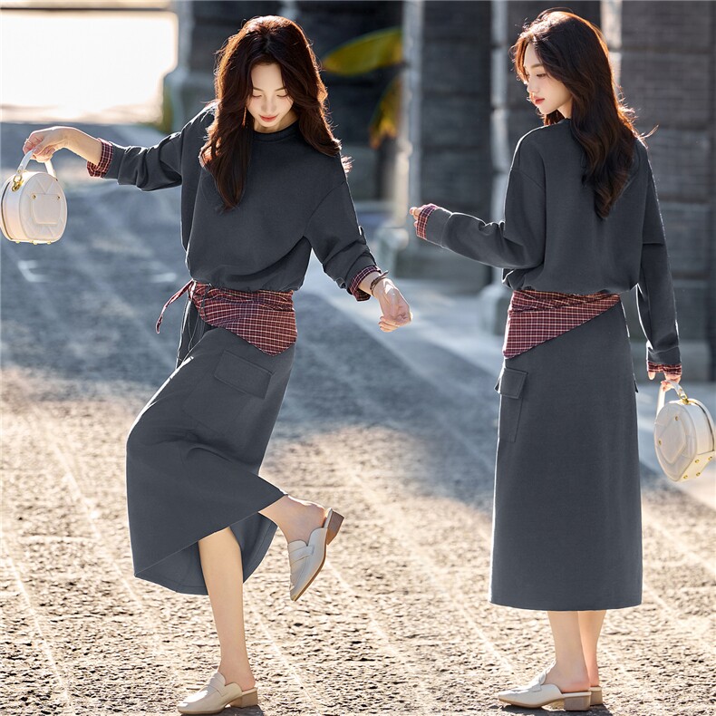 黑色格子拼接学院风套装裙女2025秋季新款休闲卫衣半身长裙两件套,女装套装/套裙,芭米依尚