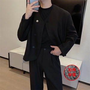 王嘉尔同款小香风加棉外套时尚简约无领珍珠扣短款夹克男0233P123图片