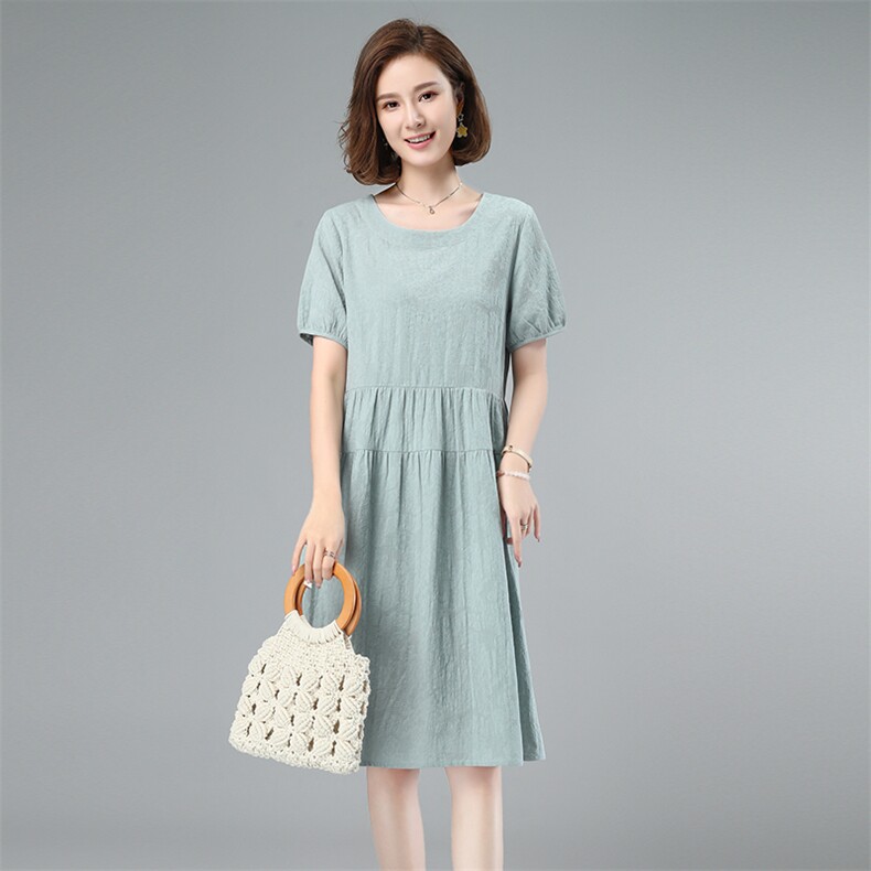 2025夏季新款简约时尚气质圆领宽松休闲舒适提花连衣裙,女装连衣裙,独衣靓
