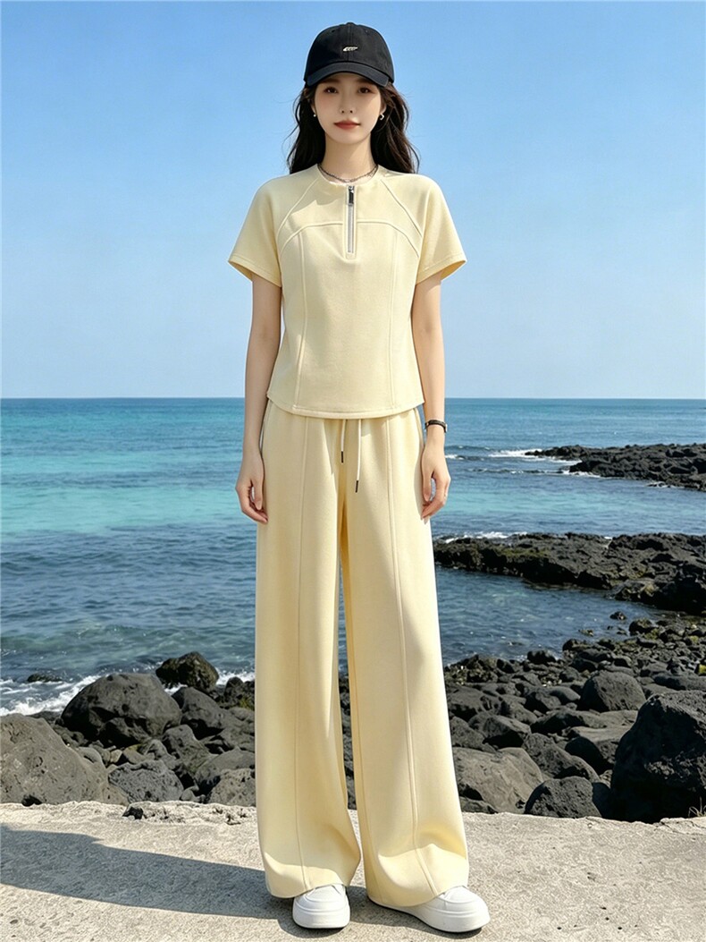 潮流时尚休闲运动套装女夏季新款显瘦气质立领短袖上衣长裤两件套,女装套装/套裙,江南
