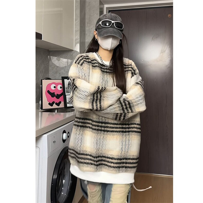 秋冬重磅卫衣毛呢格子外套日系宽松卫衣港风大码A017WY011P55,女装短外套,电商A017