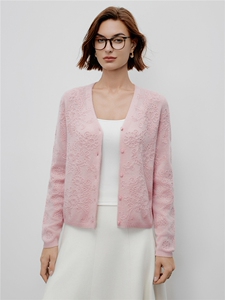 秋冬新款时尚百搭v领排扣宽松显瘦山羊绒100%提花针织开衫女图片