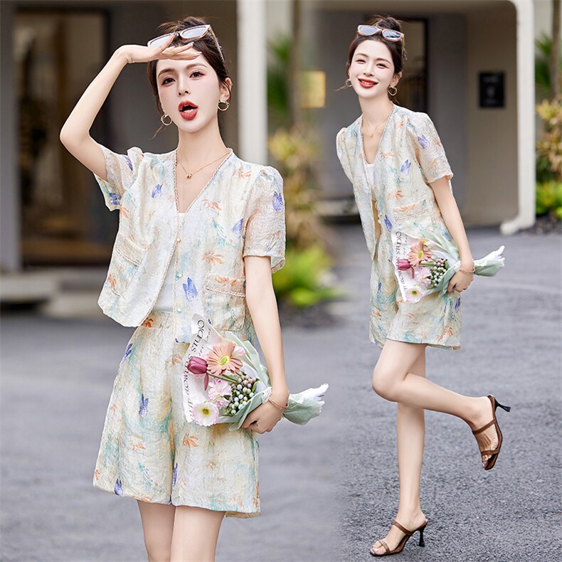 新中式漂亮套装女2025夏新款高级感小个子国风上衣减龄短裤两件套，女装套装/套裙，布芭啦